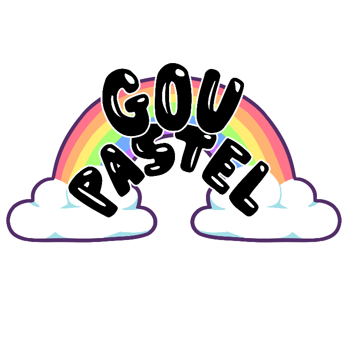 Rainbow logo with the name Gou Pastel written in black over it